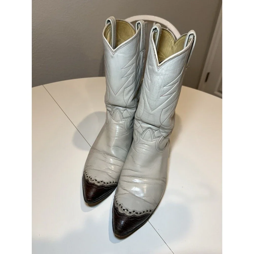 Vintage Tony Lama Boots Pee Wee Gold Label Lizard Wingtip Tan Leather Mens 10 US